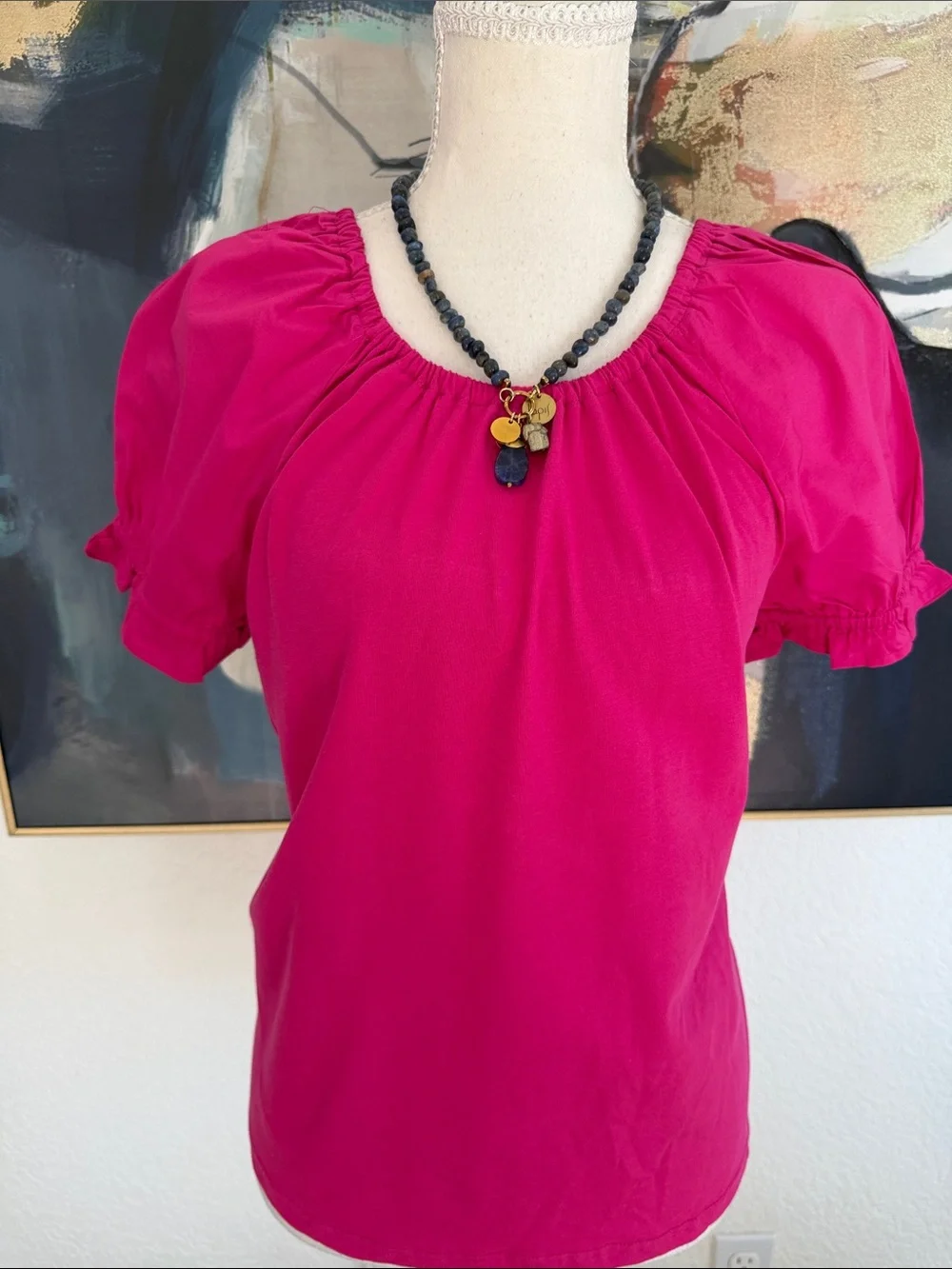 J. Crew Fuchsia Gathered-Neck Short Sleeve Summer Top Size SM 100%Cotton